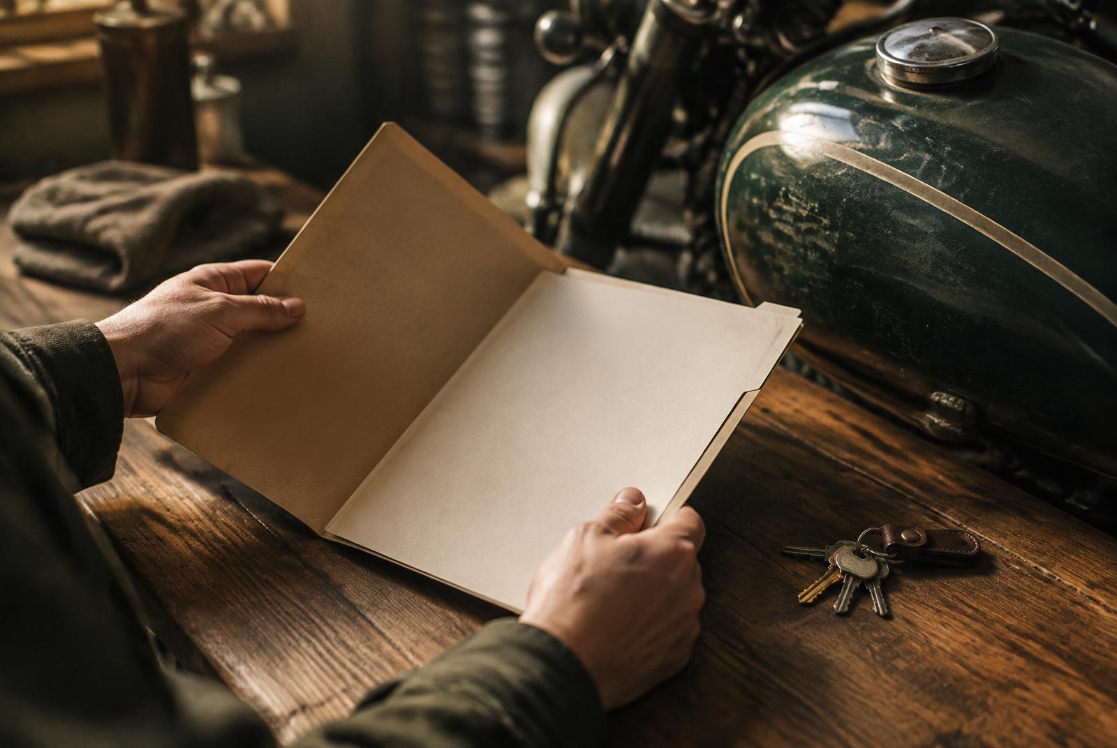 Mani che consultano una cartella di documenti accanto al serbatoio di una moto d'epoca