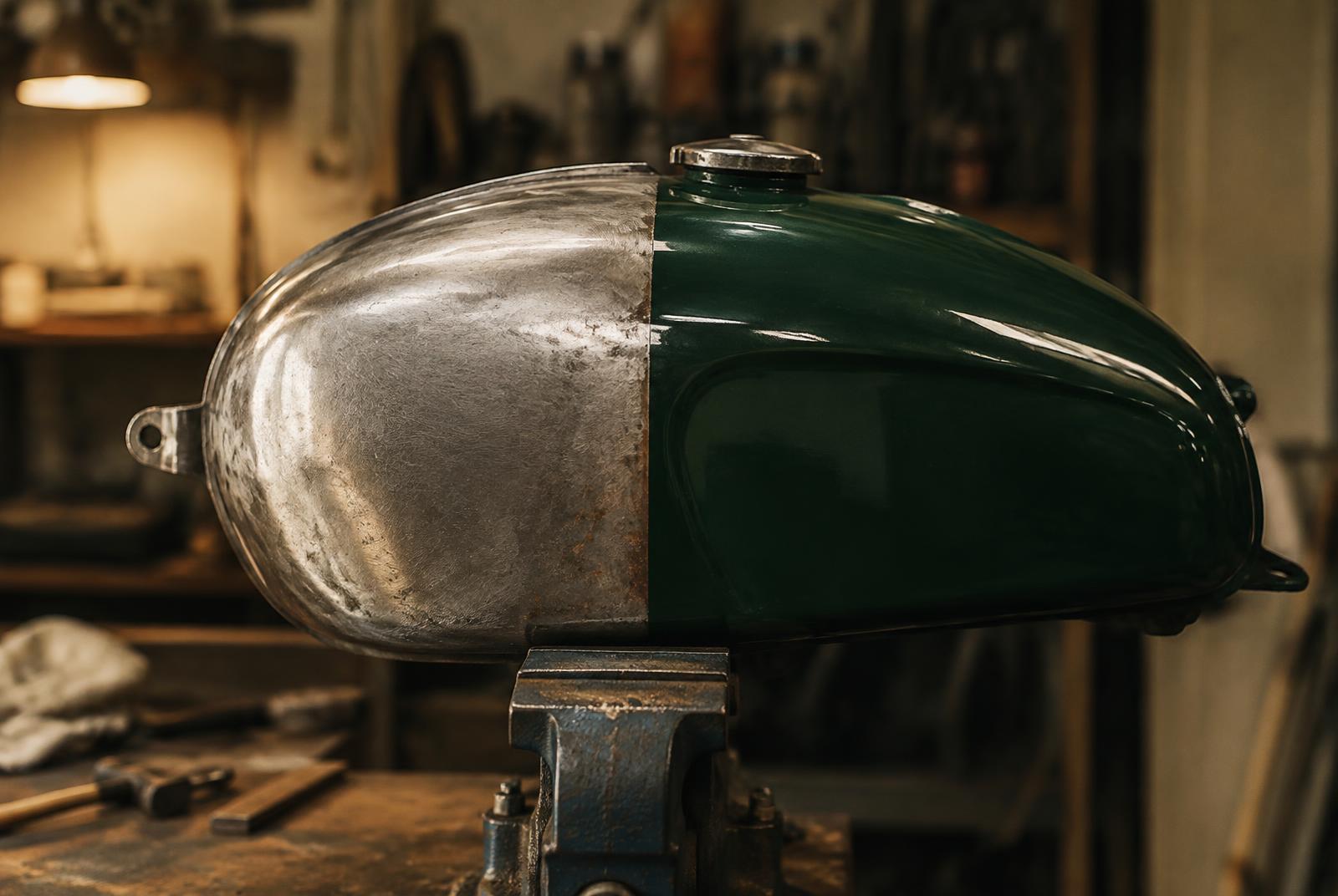 Serbatoio di una moto d'epoca in morsa, metà sverniciato a metallo nudo e metà verniciato verde