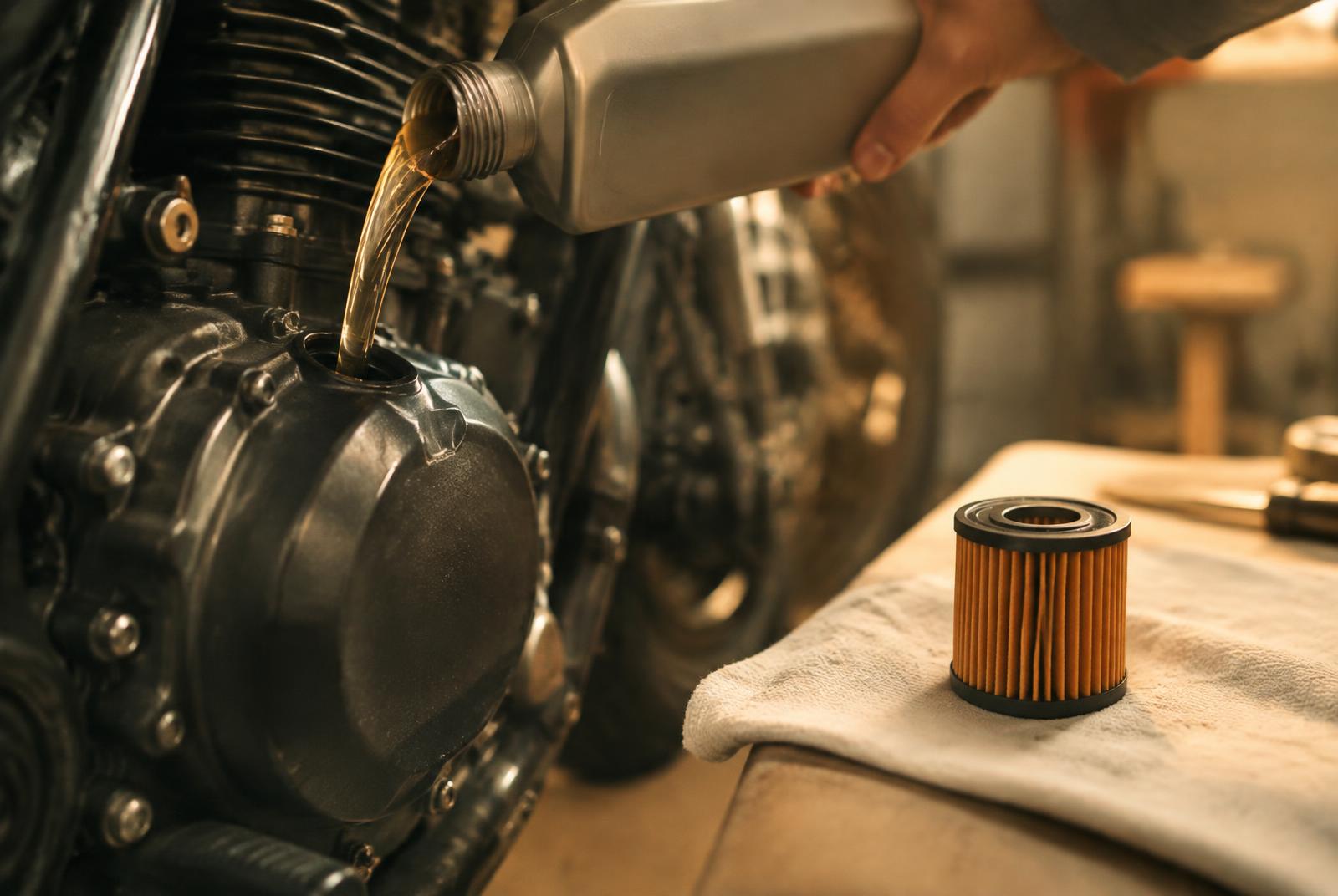 Olio motore versato in un motore di moto con un filtro olio nuovo appoggiato sullo straccio