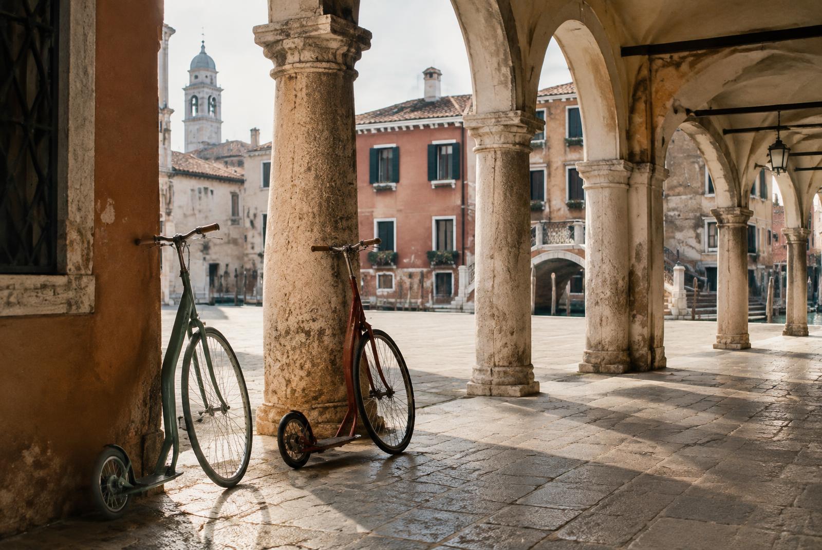 Due scooter parcheggiati sotto i portici di una piazza in un piccolo comune veneto