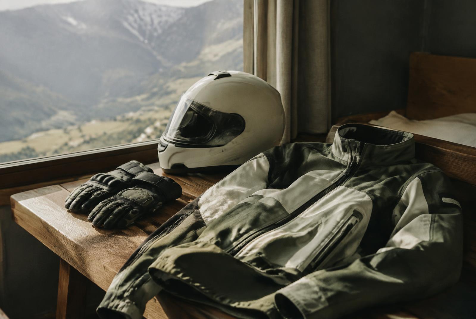 Giacca tecnica, guanti e casco appoggiati su una panca di legno davanti a una finestra