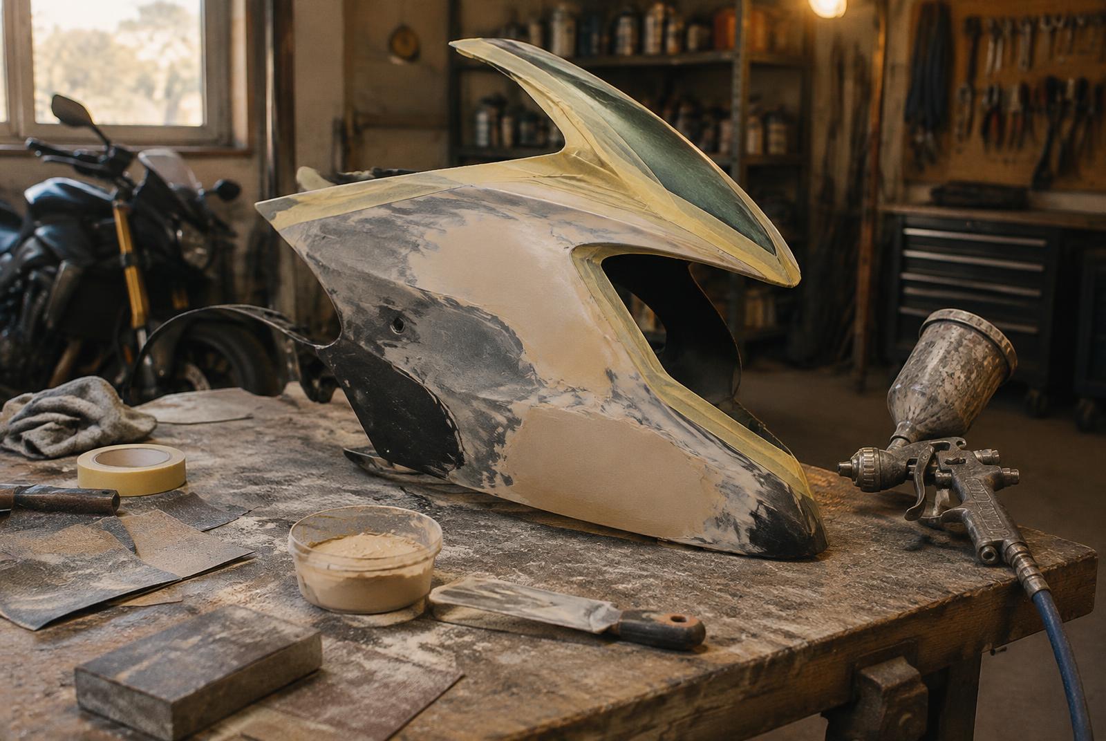 Lavorazione di carrozzeria su una moto in officina